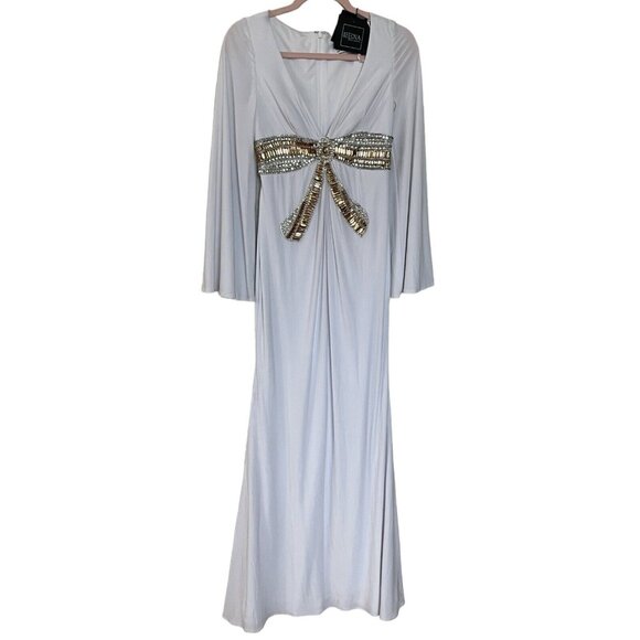 Ieena Mac Duggal Dress Gown Size 2 White Gold Silver Jeweled Waist Holiday 42060 - Picture 1 of 15